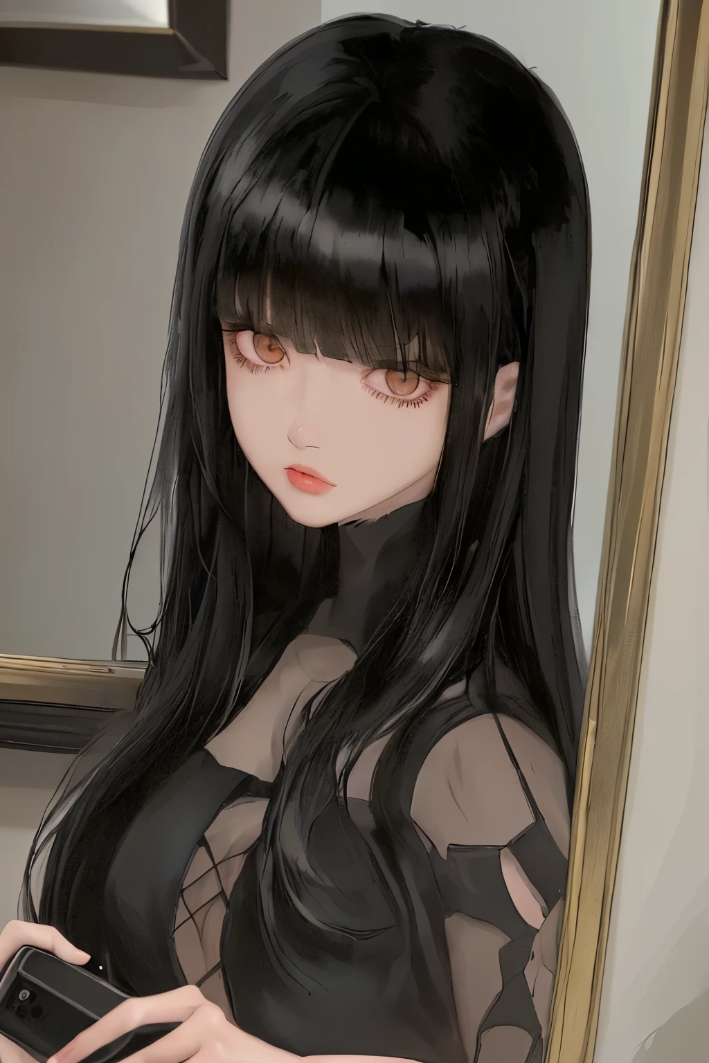 there is a woman taking a selfie in a mirror, ulzzang, long black hair with bangs, she has black hair with bangs, long dark hair with bangs, hair blackbangs hair, korean girl, long hair with bangs, long hair with full bangs, long straight bangs, neat hair with bangs, black wavy hair with bangs, black hime cut hair