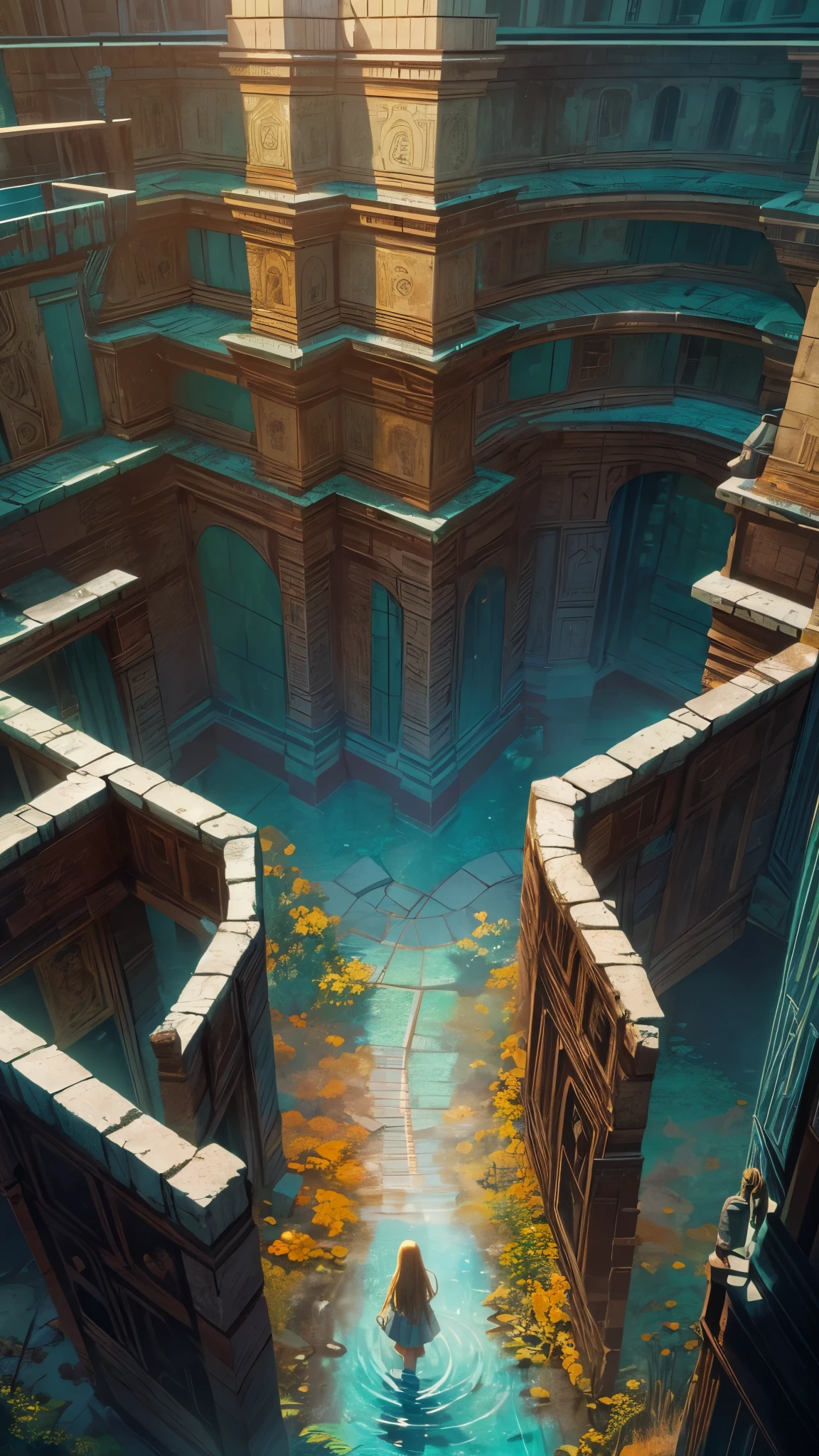 (highest quality, High resolution, Vibrant colors, Realistic), (Inside a giant maze made from a pool), 1 girl, 20-year-old female, Wearing military-style clothing, short blonde, walk through the maze, Mysterious lighting, Unrealistic atmosphere, Reflection Pool, Towering walls, complicated route, Distorted reflections, hidden passage, Quiet and eerie, A sense of adventure, Expectations, expedition, A twist that bends the heart, Unexpected Encounter, Isolation, vast and infinite, Immersive Experience, Escape to another world, A surreal journey