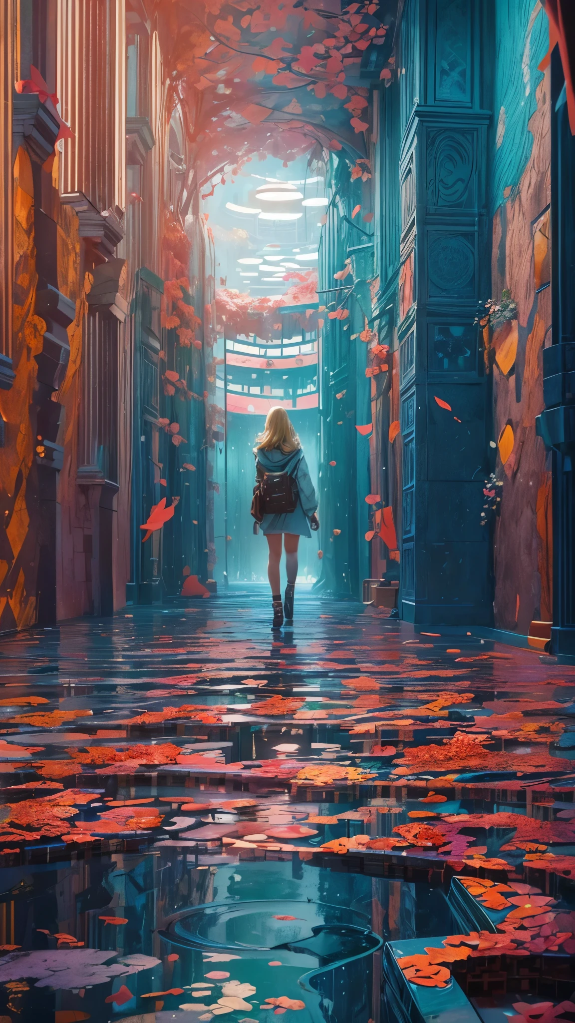 (highest quality, High resolution, Vibrant colors, Realistic), (Inside a giant maze made from a pool), 1 girl, 20-year-old female, Wearing military-style clothing, short blonde, walk through the maze, Mysterious lighting, Unrealistic atmosphere, Reflection Pool, Towering walls, complicated route, Distorted reflections, hidden passage, Quiet and eerie, A sense of adventure, Expectations, expedition, A twist that bends the heart, Unexpected Encounter, Isolation, vast and infinite, Immersive Experience, Escape to another world, A surreal journey