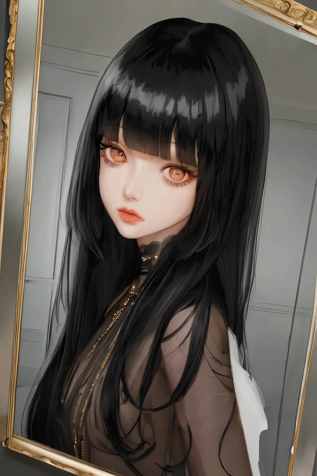 there is a woman taking a selfie in a mirror, ulzzang, long black hair with bangs, she has black hair with bangs, long dark hair with bangs, hair blackbangs hair, korean girl, long hair with bangs, long hair with full bangs, long straight bangs, neat hair with bangs, black wavy hair with bangs, black hime cut hair