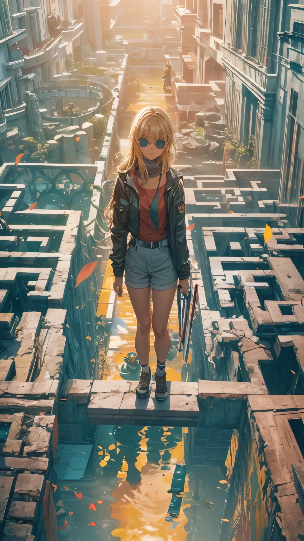 (highest quality, High resolution, Vibrant colors, Realistic), (Inside a giant maze made from a pool), 1 girl, 20-year-old female, Wearing military-style clothing, short blonde, walk through the maze, Mysterious lighting, Unrealistic atmosphere, Reflection Pool, Towering walls, complicated route, Distorted reflections, hidden passage, Quiet and eerie, A sense of adventure, Expectations, expedition, A twist that bends the heart, Unexpected Encounter, Isolation, vast and infinite, Immersive Experience, Escape to another world, A surreal journey