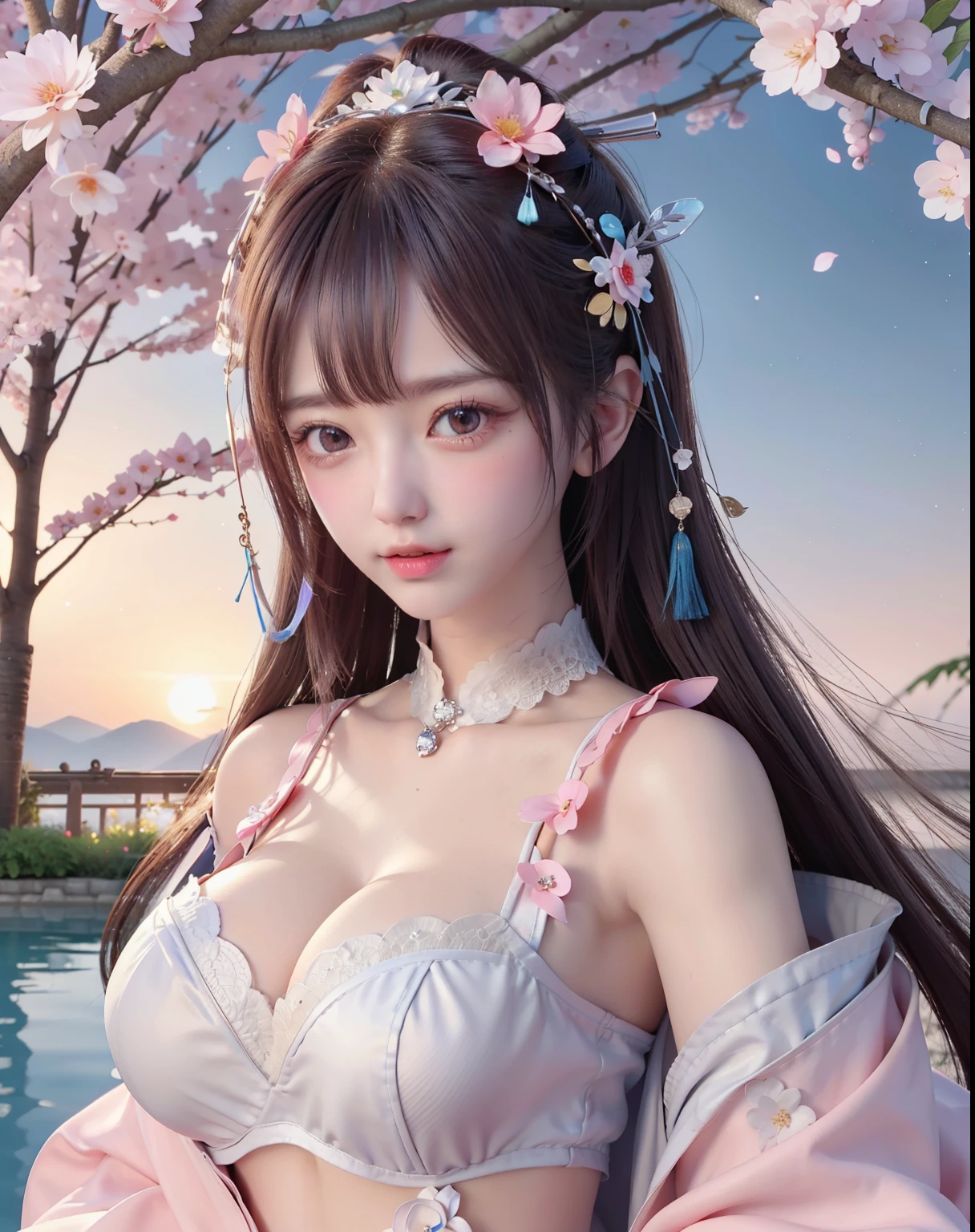 (8k, RAW photo:1.2), best quality, ultra high res,dramatic angle,(fluttered detailed color splashs), (illustration),(((1 girl))),(long hair),(rain:0.9), (Headdress:1.4),There is an ancient palace beside the girl,Hanfu,(Key Points),Color ink painting,(Splash of Color),Splash of Color,(((colorful))),(sketch:0.8) , Masterpiece, best quality, beautiful painted, highly detailed,(denoising:0.6),[splash ink],((ink refraction)), (beautiful detailed sky),moon,highly,detaild,(masterpiece, best quality, extremely detailed） CG Unity 8k Wallpaper，masterpiece，best quality，Ultra Detailed），（Lycoris）. hanfu open v   open V-chested clothes Thin silk lace dress , (huge ，cleavage),, white pink, blue ，best qualtiy，tmasterpiece，Ultra-high resolution，（Reality：1.4），RAW photogr，（True skin texture：1.3），（filmgrain：1.3），（Selfie angle），1个Giant Breast Girl，Beautiful eye and face details，tmasterpiece，Best quality at best，，The chest more exposed， detailed hair, bra pink , detail 8k, upper body, lace petticoat