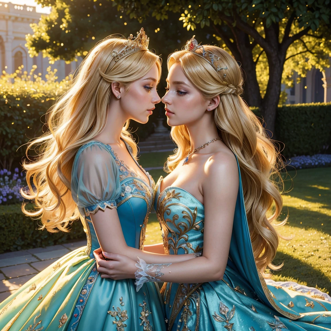 (masterpiece, best quality:1.5), highest quality, High resolution, Super detailed, realistic, Full body shot of blonde princess, detailed and beautiful eyes, beautiful detailed lips, highly detailed eyes and face, long eyelashes, princess in blue royal gown, Gorgeous and colorful makeup, Elegant and classy々pose,shining crown and jewels, Royal gardens as background, soft natural light, Bright colors, fine brush strokes, portrait style, Exquisite details in the dress material, gorgeous color palette, glowing skin, Top-notch rendering that captures every detail, enchanting atmosphere, subtle shadows and highlights, (perfect anatomy:1.2), (two stunning princesses is deeply in love with each other:1.4), (kiss:1.2), (magnificent panorama view:1.2)