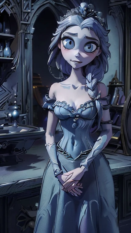 best quality,masterpiece,1girl,solo,(((13years old))),japanese girl,an extremely cute and handsome girl,highly detailed beautiful face and eyes,petit,cute face,lovely face,baby face,shy smile,show teeth, Bwhite hair,long hair,flat chest,skinny,slender,(((wearing a ElsaWaifu, strapless, navel, armlet, cleavage, blue dress, single braid over shoulder))),(((standing in Dark Midnight gothichorrorai Disneyland))),she is looking at the viewer, TimBurton Animation style,upper body close up 
