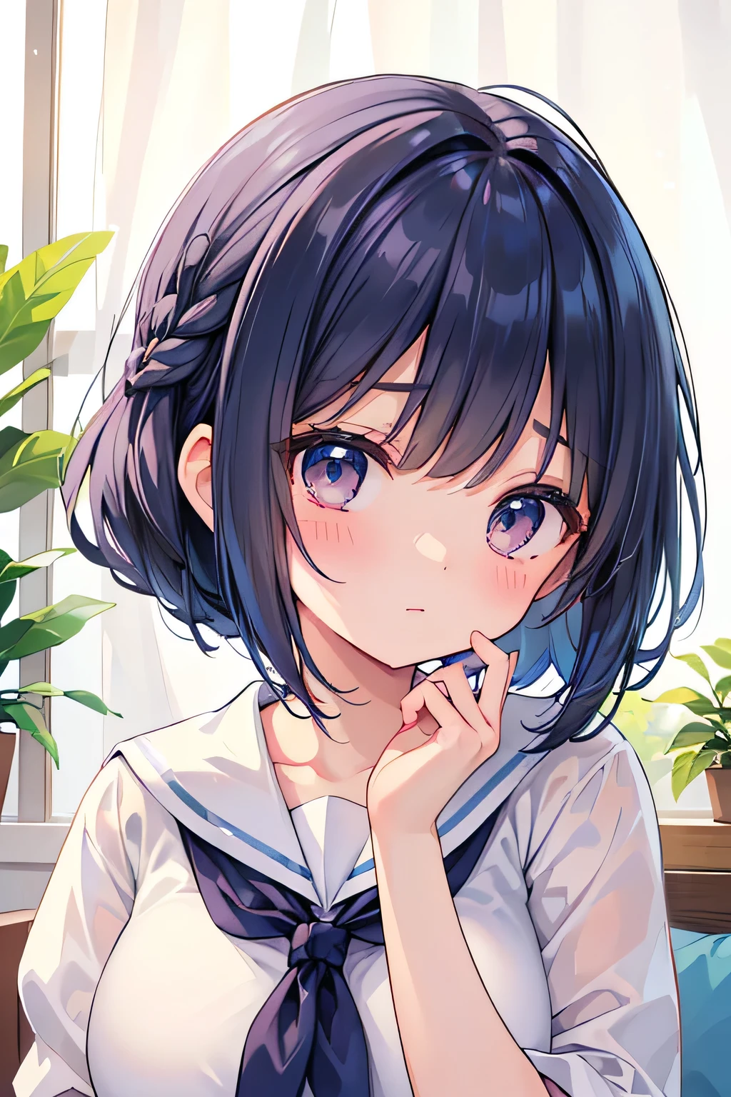Highest quality、High resolution、Detailed Background、(Beautiful face in every detail:1.4)、Anatomically correct、Teenage beauty、(Highly detailed face:1.2)、(Huge breasts:1.2)、Light color hair、Braided bob cut、Braided Ponytail、cute hairstyle、Perfect body line、well-groomed eyebrows、Navy blue sailor suit、White sailor collar、Pleated mini skirt、White Stockings、

(A beautiful girl sitting at a desk in the classroom and making cute gestures:1.5)、

Her innocent smile is especially popular.、Looking up can make a man&#39;s heart skip a beat.、
A shy expression can bring out a feminine innocence.、Slightly watery eyes seem to make you look cute.、
Tuck your hair behind your ear or touch your hair gently to show off your femininity.、
Tilt your head to show interest and affection for the other person.、
Imitating animals like puppies and kittens can make you look cute.、cute