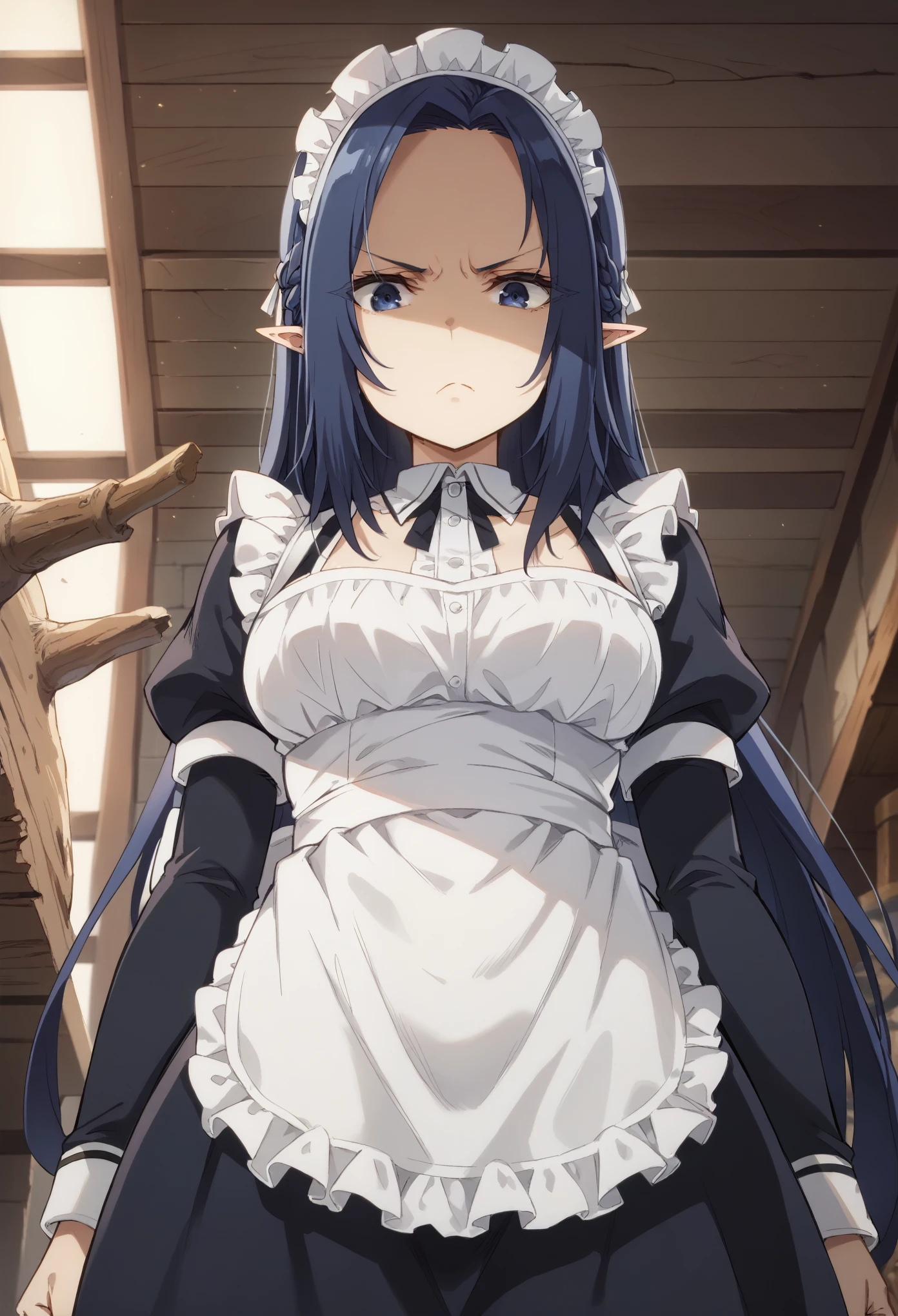 best quality, from below, log angle, intenseglare, disgust, shaded_face, shadow_over_eyes, glaring, looking down at the viewer, long blue hair,blue eyes,pointy ears,elf,,masterpiece, highres, solo, (maid:1.40), (long maid dress:1.15), anime_style, 14
