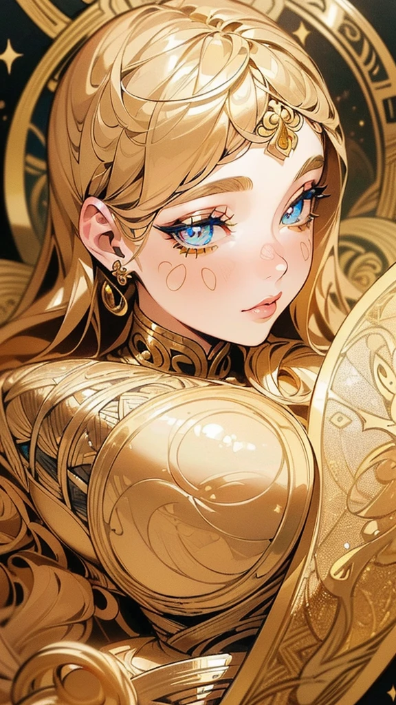 (1girl, zentangle, mandala, tangle, entangle, beautiful detailed eyes, beautiful detailed lips, extremely detailed eyes and face, long eyelashes, beautiful and aesthetic, masterpiece, official art, ultra detailed, highest detailed, colorful, unity 8k wallpaper, gold foil, gold leaf art, glitter drawing, PerfectNwsjMajic, best quality, top quality)