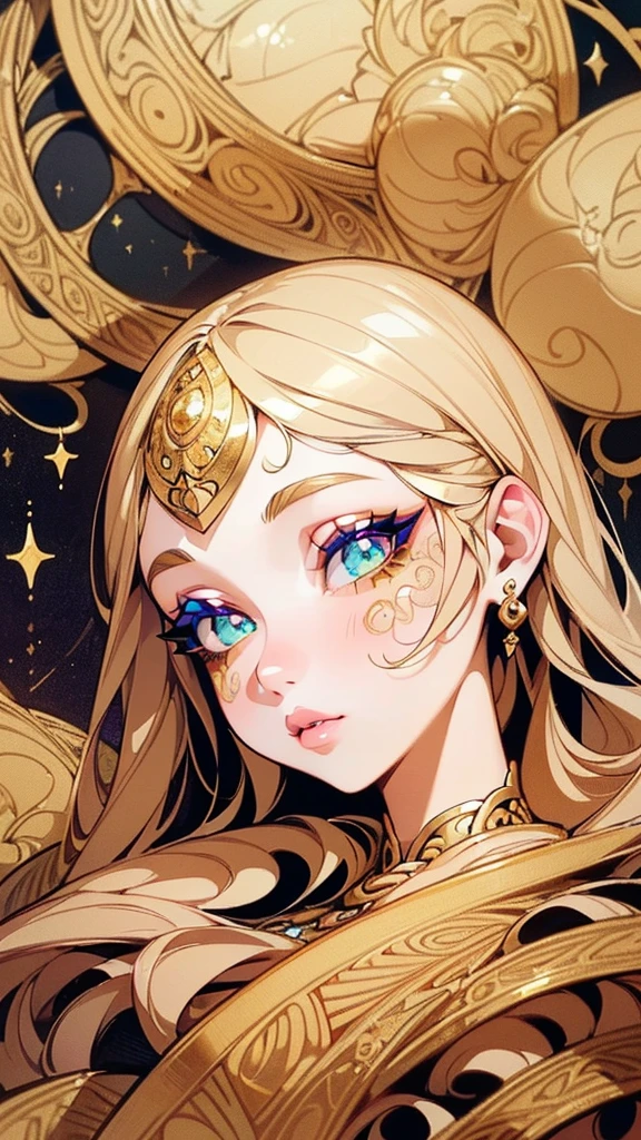 (1girl, zentangle, mandala, tangle, entangle, beautiful detailed eyes, beautiful detailed lips, extremely detailed eyes and face, long eyelashes, beautiful and aesthetic, masterpiece, official art, ultra detailed, highest detailed, colorful, unity 8k wallpaper, gold foil, gold leaf art, glitter drawing, PerfectNwsjMajic, best quality, top quality)