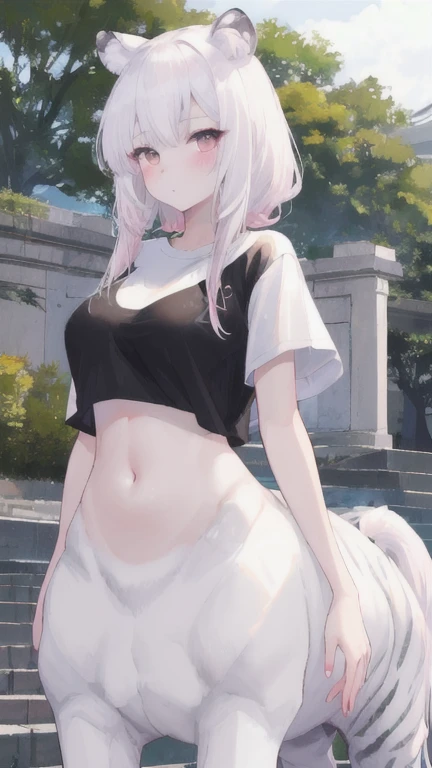 (best quality, masterpiece), 1 girl, centaur, It takes, White skin, Korean ,daughter, black pink,exposing the abdomen, belly button t-shirt , 아름다운 소녀 perfect white tiger photo, perfect white tiger photo