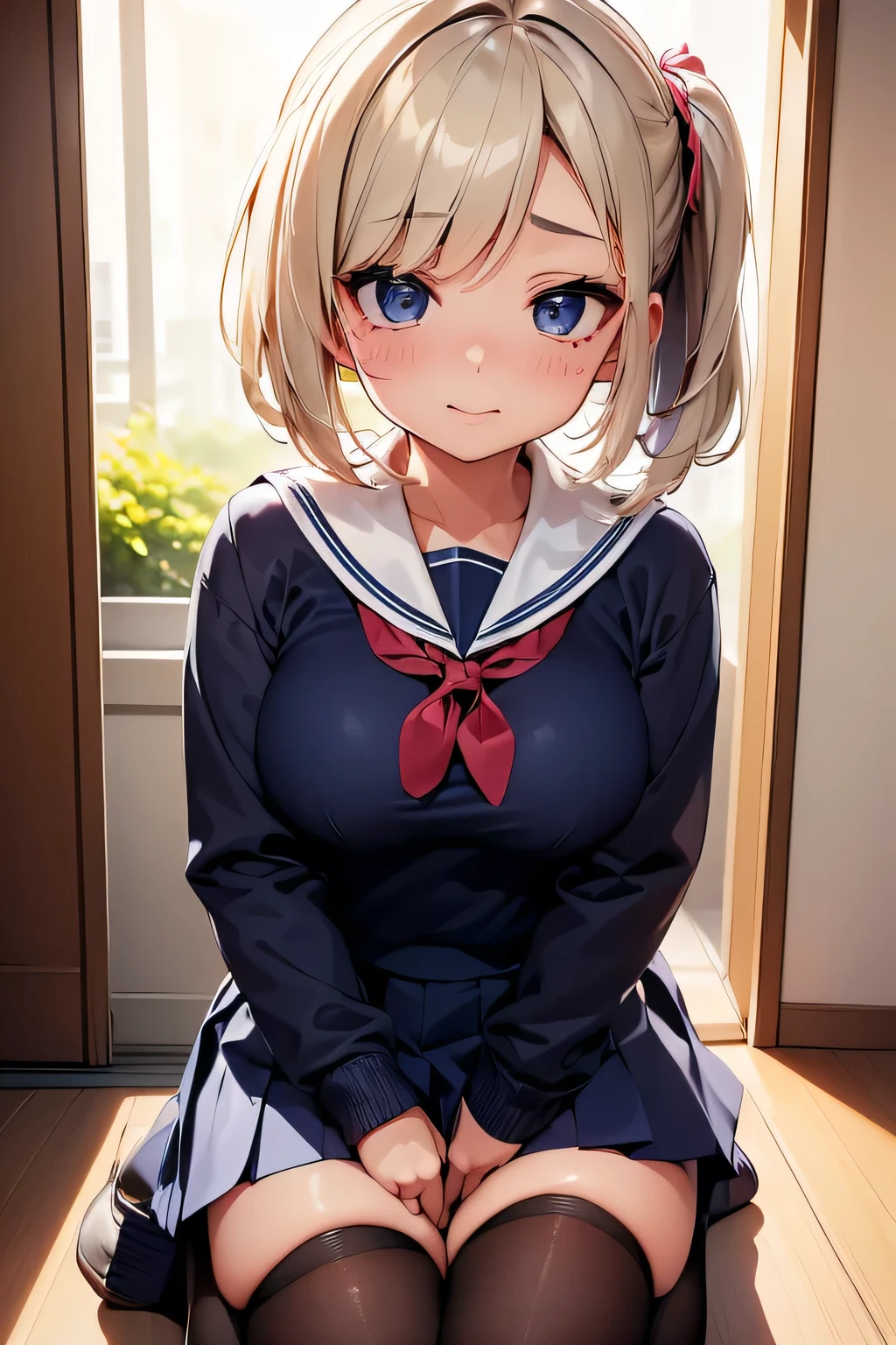 Highest quality、High resolution、Detailed Background、(Beautiful face in every detail:1.4)、Anatomically correct、Teenage beauty、(Highly detailed face:1.2)、(Huge breasts:1.2)、Light color hair、Braided bob cut、Braided Ponytail、cute hairstyle、Perfect body line、well-groomed eyebrows、Navy blue sailor suit、White sailor collar、Pleated mini skirt、White Stockings、
(A beautiful girl sitting at a desk in the classroom and making cute gestures:1.5)、
Her innocent smile is especially popular.、Looking up can make a man's heart skip a beat.、
A shy expression can bring out a feminine innocence.、Slightly watery eyes seem to make you look cute.、
Tuck your hair behind your ear or touch your hair gently to show off your femininity.、
Tilt your head to show interest and affection for the other person.、
Imitating animals like puppies and kittens can make you look cute.、cute