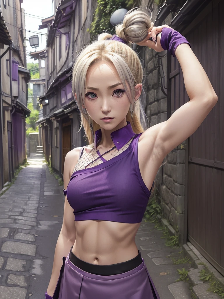 ((((Ino_Yamanaka)))), ((purple shirt, collared, sleeveless, bare shoulder, midriff, navel, purple skirt, blonde, long hair, hair over one eye, gray eyes, medium breasts, fishnets arms)), ((cum navel)), (((konoha village, narrow alley, outdoor)))