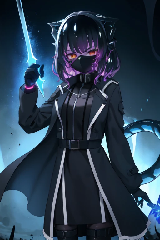 Waifu dragon slime with light armor and a dark trench coat, electronic mask, obsidian sword