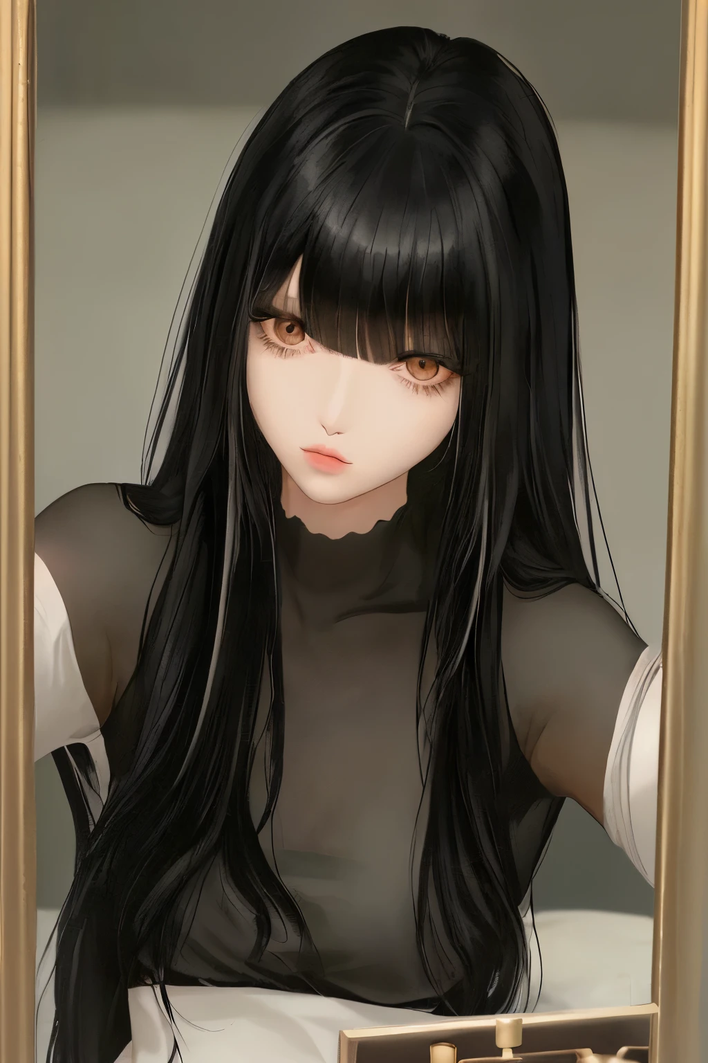 there is a woman taking a selfie in a mirror, ulzzang, long black hair with bangs, she has black hair with bangs, long dark hair with bangs, hair blackbangs hair, korean girl, long hair with bangs, long hair with full bangs, long straight bangs, neat hair with bangs, black wavy hair with bangs, black hime cut hair