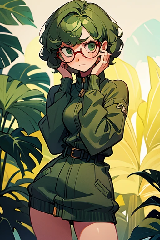 Embarrassed girl, with short curly green hair and glasses, half dressed ,trying to cover herself