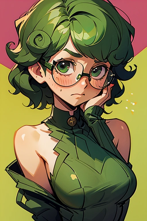 Embarrassed girl, with short curly green hair and glasses, half dressed ,trying to cover herself