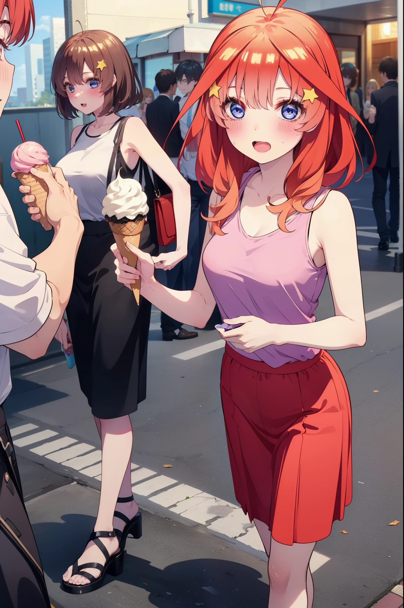 itsukinakano, Itsuki Nakano, bangs, blue eyes, Hair between the eyes, Ahoge, Redhead, star \(symbol\), hair ornaments, star hair ornamentsハイビスカスのhair ornaments,Red Tank Top,Long skirt,Heeled Sandals,Walking,smile,blush,Open your mouth,Eating ice cream,Holding ice cream in one hand,whole bodyがイラストに入るように,Palm tree,True Summer,Clear skies,
break outdoors, Tropical,Residential Street,
break looking at viewer,whole body ,
break (masterpiece:1.2), Highest quality, High resolution, unity 8k wallpaper, (figure:0.8), (Beautiful attention to detail:1.6), Highly detailed face, Perfect lighting, Highly detailed CG, (Perfect hands, Perfect Anatomy),