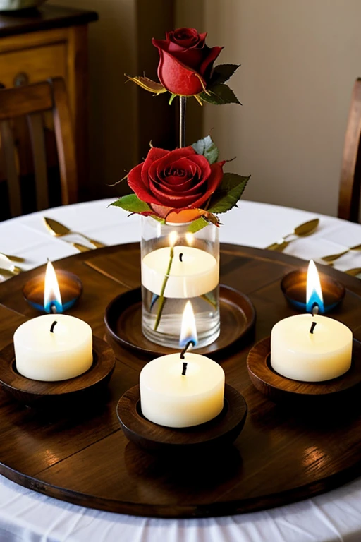 Create a table with romantic decoration: a rose with 2 candles on the sides in the center of the table 