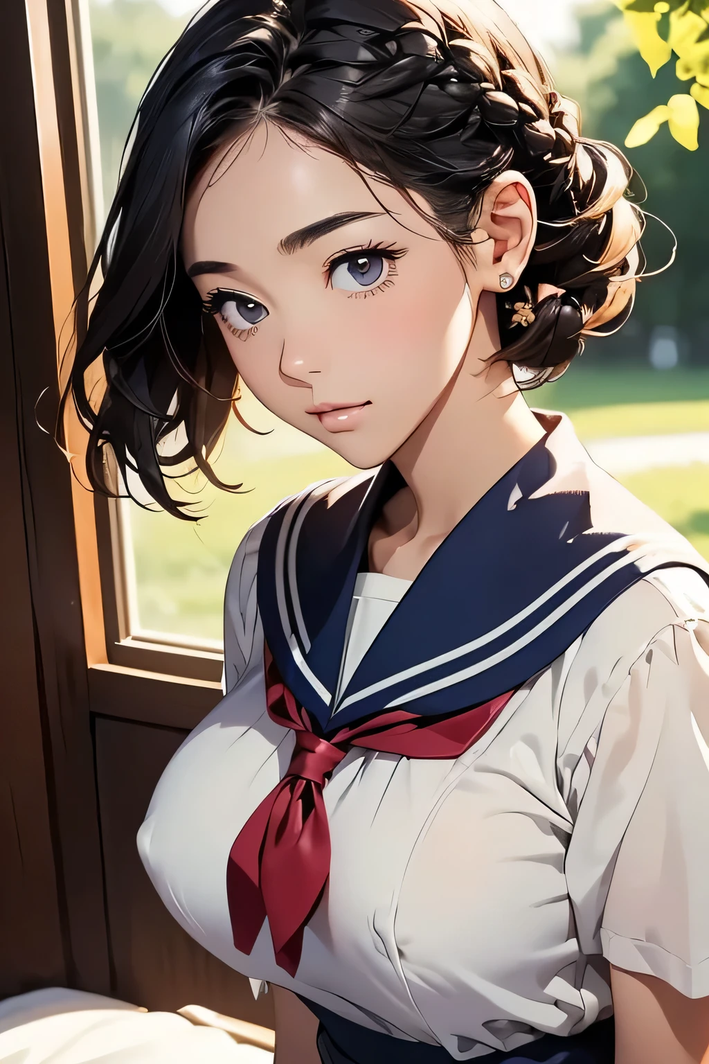 Highest quality、High resolution、Detailed Background、(Beautiful face in every detail:1.4)、Anatomically correct、age beauty、(Highly detailed face:1.2)、(Huge breasts:1.2)、Light color hair、Braided bob cut、Braided Ponytail、cute hairstyle、Perfect body line、well-groomed eyebrows、Navy blue sailor suit、White sailor collar、Pleated mini skirt、White Stockings、
(A beautiful girl sitting at a desk in the classroom and making cute gestures:1.5)、
Her innocent smile is especially popular.、Looking up can make a man's heart skip a beat.、
A shy expression can bring out a feminine innocence.、Slightly watery eyes seem to make you look cute.、
Tuck your hair behind your ear or touch your hair gently to show off your femininity.、
Tilt your head to show interest and affection for the other person.、
Imitating animals like puppies and kittens can make you look cute.、cute
