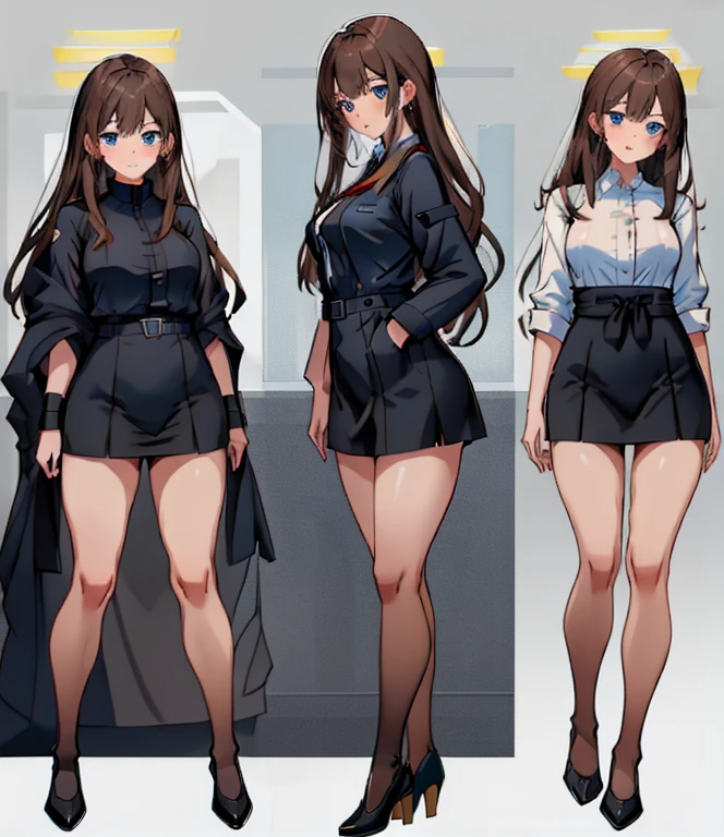 masterpiece: 1.6, Highest quality: 1.4, Live: 1.2, Intricate details: 1.2, 1 mature woman,28 years old,office lady,attractive office lady, alone, (Light brown hair), Long Hair, single ~ ~ sidelock, amount: 1.5, Deep blue eyes, Bright Eyes, Slender figure,Small breasts,(Exposed thighs:1.7),office casual style, (Black recruitment suit:1.5),White shirt,(Black tight skirt:1.2), Full Body Shot, Multiple Views, front, return, ~ ~ side, performance, ((Character setting material collection, Different poses of the same character, Character Reversal: 1.5, Multiple Views)), arms behind return, Portraiture, Happy, Are crying, Get angry, smile