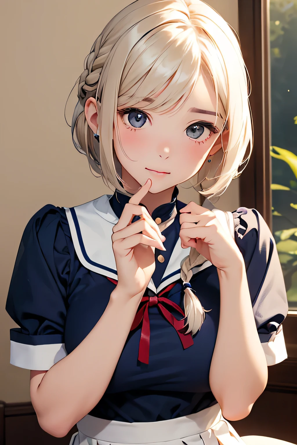Highest quality、High resolution、Detailed Background、(Beautiful face in every detail:1.4)、Anatomically correct、Teenage beauty、(Highly detailed face:1.2)、(Huge breasts:1.2)、Light color hair、Braided bob cut、Braided Ponytail、cute hairstyle、Perfect body line、well-groomed eyebrows、Navy blue sailor suit、White sailor collar、Pleated mini skirt、White Stockings、
(A beautiful girl sitting at a desk in the classroom and making cute gestures:1.5)、
Her innocent smile is especially popular.、Looking up can make a man's heart skip a beat.、
A shy expression can bring out a feminine innocence.、Slightly watery eyes seem to make you look cute.、
Tuck your hair behind your ear or touch your hair gently to show off your femininity.、
Tilt your head to show interest and affection for the other person.、
Imitating animals like puppies and kittens can make you look cute.、cute