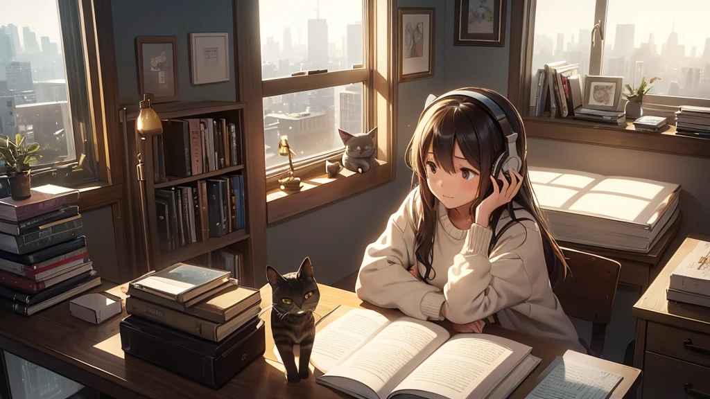 A cozy room with a girl studying at her desk, surrounded by books and a warm glow from a desk lamp. Outside the window, city lights create a serene atmosphere. The girl is wearing headphones, and there's a cat sleeping on the window sill