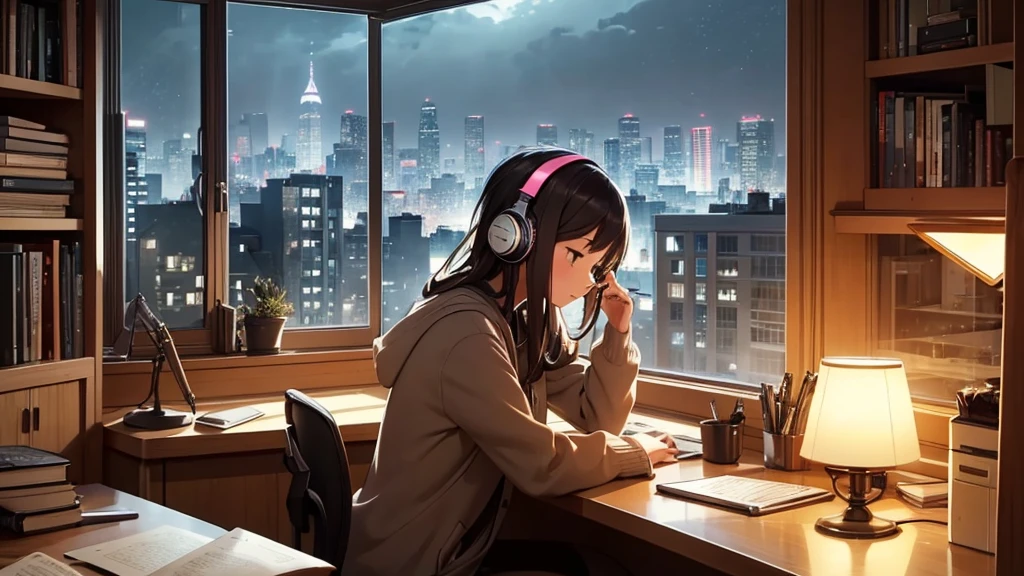 A cozy room with a girl studying at her desk, surrounded by books and a warm glow from a desk lamp. Outside the window, city lights create a serene atmosphere. The girl is wearing headphones, and there's a cat sleeping on the window sill