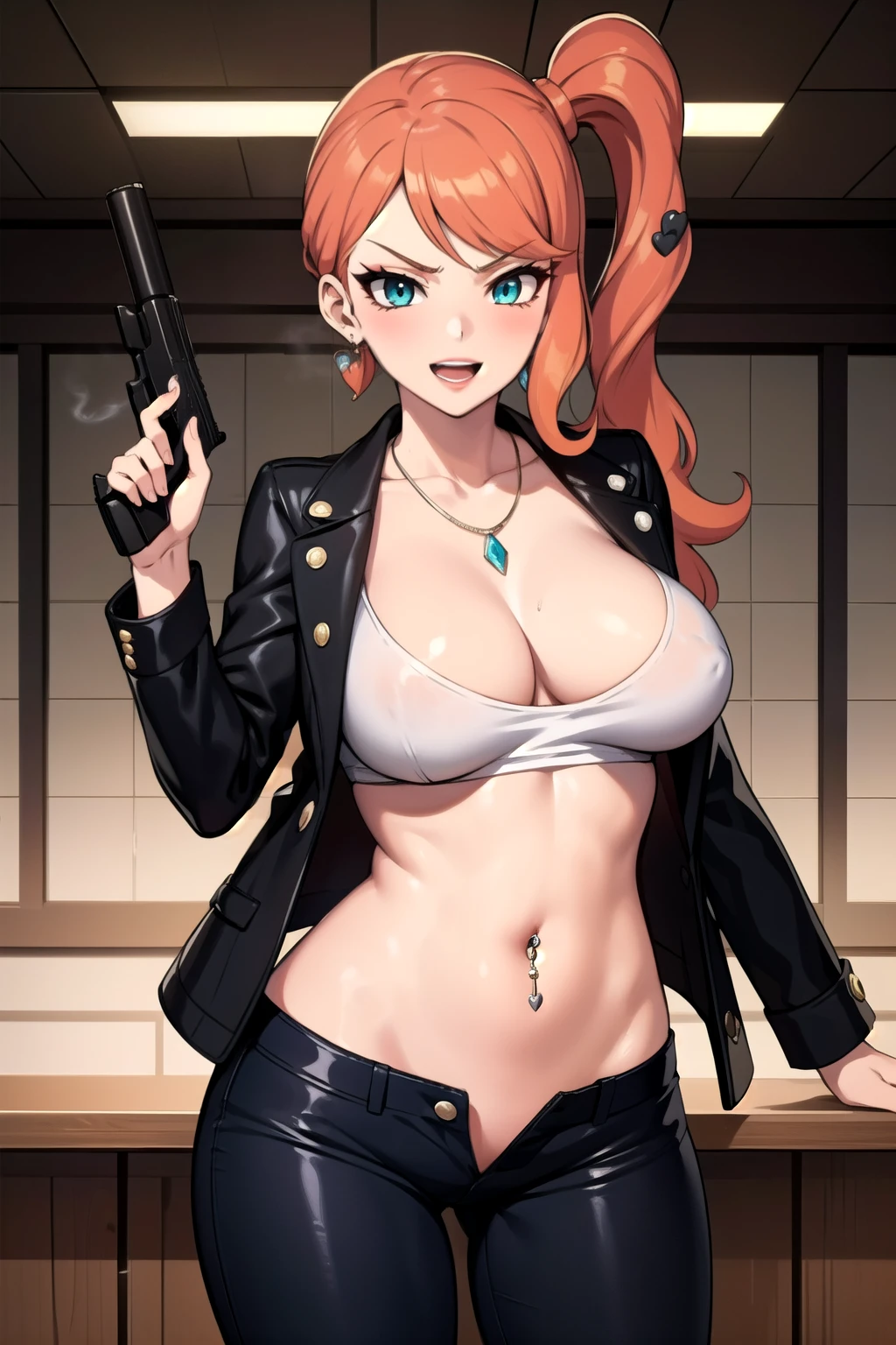 pokemonsonia, aqua eyes, heart, heart hair ornament, orange hair, side ponytail, swept bangs, smile,
earrings, necklace, large breasts, long hair,, blush, lipstick, Hot girl, baddie, staring, glaring, bad attitude, mean girl, crazy, smoking, sensual, attractive, bar background, inside bar, indoor, black hair, long hair, hair between eyes, lipstick, makeup, black eyeshadow, detailed hair, detailed face, brown eyes, perfect eyes, perfect face, long hair, blush, lipstick, jewelry, earrings, masterpiece, best quality, highly detailed, a girls with a gun, evil smile , open mouth, sexy gaze, badass pose , evil smile, smile, guns blazing, anime girl with long hair, beautiful long haired girl, navel, evil expression, exposed belly, exposed navel, exposed midriff, exposed lower belly, long black pants, crop top, cleavage, unbuttoned leather pants ,open fly, low rise black leather pants, leather jacket, holding a gun, holding pistol, navel piercing,