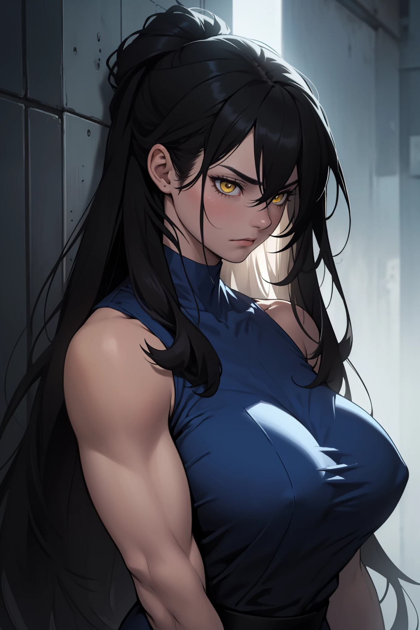 hair flaps massive hair long hair black hair onyx pale skin yellow eyes huge muscles huge breasts sad sad angry sad girl blue silk blue silk silk sad pale blue silk sad blue silk blue blue silk dark atmosphere somber