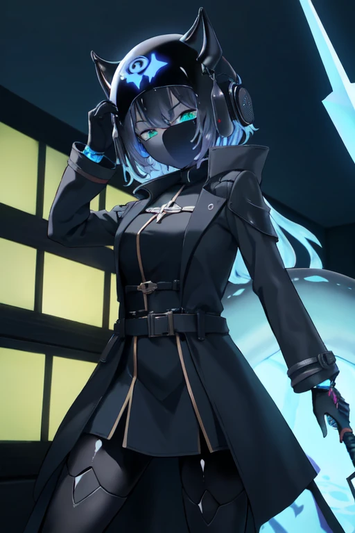 Waifu dragon slime  with light armor and a dark trench coat, electronic mask, obsidian sword 
