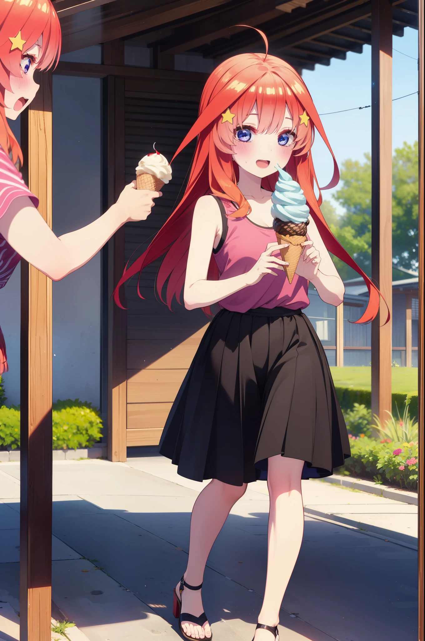 itsukinakano, Itsuki Nakano, bangs, blue eyes, Hair between the eyes, Ahoge, Redhead, star \(symbol\), hair ornaments, star hair ornaments,Red Tank Top,Long skirt,Heeled Sandals,Walking,smile,blush,Eating ice cream,Holding ice cream in one hand,whole bodyがイラストに入るように,
break outdoors, 海岸通り
break looking at viewer,whole body ,
break (masterpiece:1.2), Highest quality, High resolution, unity 8k wallpaper, (figure:0.8), (Beautiful attention to detail:1.6), Highly detailed face, Perfect lighting, Highly detailed CG, (Perfect hands, Perfect Anatomy),