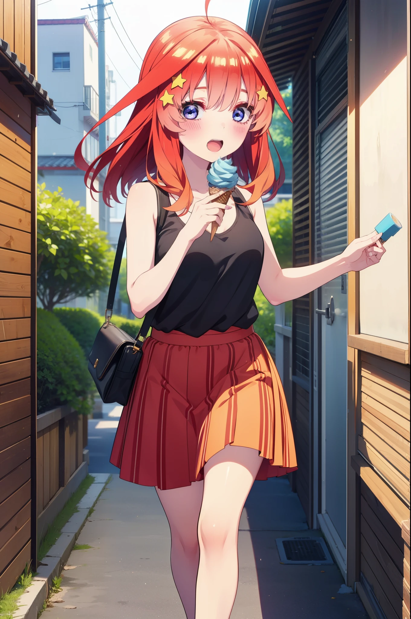 itsukinakano, Itsuki Nakano, bangs, blue eyes, Hair between the eyes, Ahoge, Redhead, star \(symbol\), hair ornaments, star hair ornaments,Red Tank Top,Long skirt,Heeled Sandals,Walking,smile,blush,Open your mouth,Eating ice cream,Holding ice cream in one hand,whole bodyがイラストに入るように,
break outdoors, 海岸通り
break looking at viewer,whole body ,
break (masterpiece:1.2), Highest quality, High resolution, unity 8k wallpaper, (figure:0.8), (Beautiful attention to detail:1.6), Highly detailed face, Perfect lighting, Highly detailed CG, (Perfect hands, Perfect Anatomy),