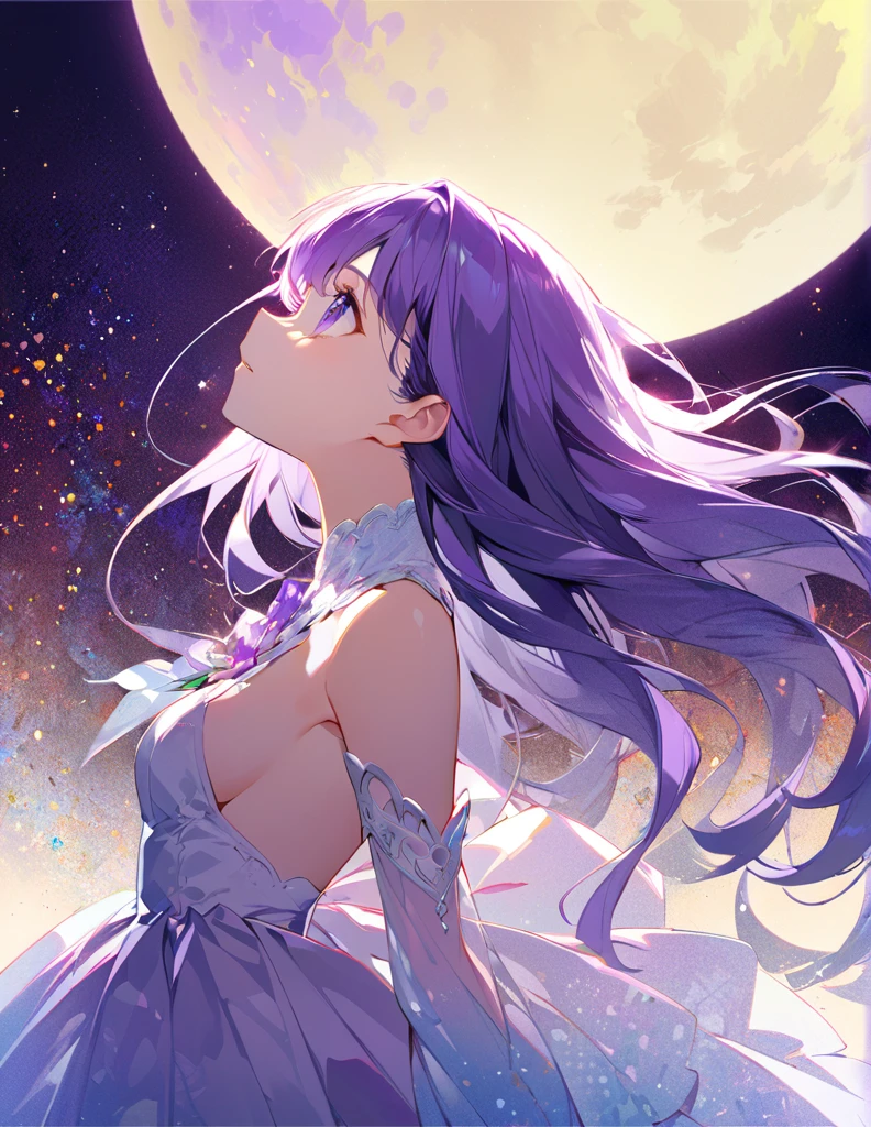 Profile of a beautiful girl with long purple hair and a princess dress. Side boob exposed.　Screentone processing　Looking up at the moon　Shaded painting style　Abstract Painting　lilac　vivid description
