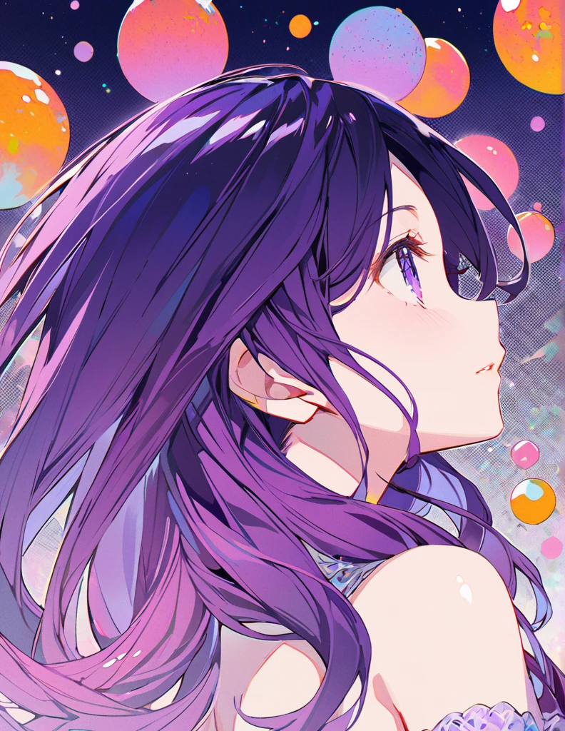 Profile of a beautiful girl with long purple hair and a princess dress. Side boob exposed.　Screentone processing　Looking up at the moon　Shaded painting style　Abstract Painting　lilac　vivid description
