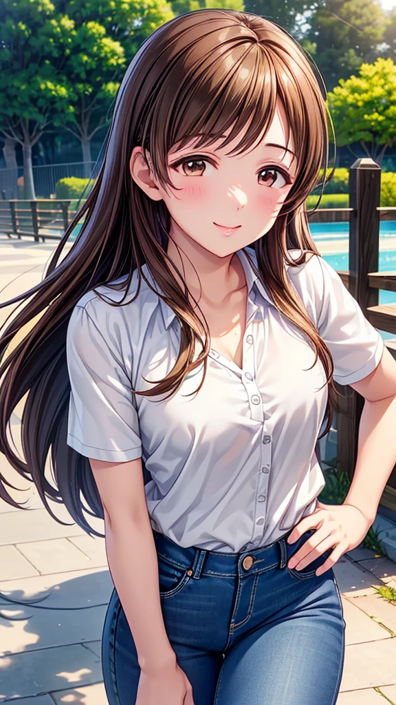 Highest quality、high resolution、High definition、HD、sports gym、(Nitta Minami、Long Hair、Medium chest、Brown Hair、Brown eyes、Glossy lips、Glowing Skin、Realistic skin texture、White blouse、Jeans Skirt、A walk in the park、Date)、Love me、blush、Open your mouth、smile)、(Top view)