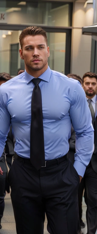 Handsome young muscular man in a suit and tie, tight shirt, covered nipples, big pectorals