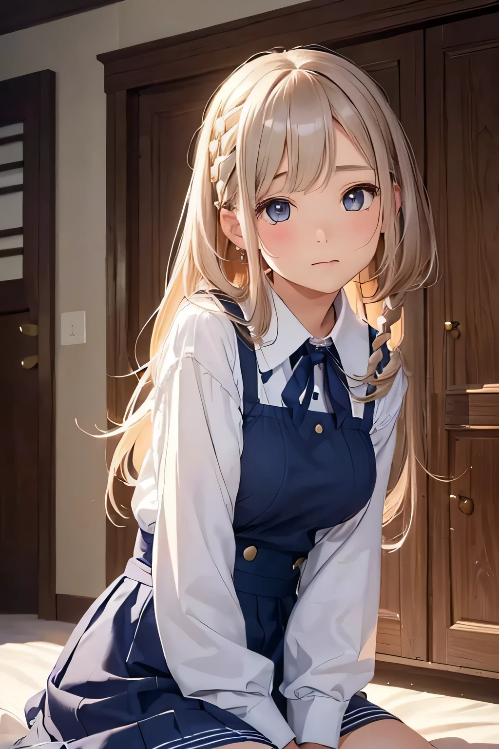 Highest quality、High resolution、Detailed Background、(Beautiful face in every detail:1.4)、Anatomically correct、 beauty、(Highly detailed face:1.2)、(Huge breasts:1.2)、Light color hair、Braided bob cut、Braided Ponytail、cute hairstyle、Perfect body line、well-groomed eyebrows、Navy blue sailor suit、White sailor collar、Pleated mini skirt、White Stockings、
(Two smiling beautiful girls sitting at a desk in the classroom and making cute gestures:1.5)、
Her innocent smile is especially popular.、Looking up can make a man's heart skip a beat.、
A shy expression can bring out a feminine innocence.、Slightly watery eyes seem to make you look cute.、
Tuck your hair behind your ear or touch your hair gently to show off your femininity.、
Tilt your head to show interest and affection for the other person.、
Imitating animals like puppies and kittens can make you look cute.、cute