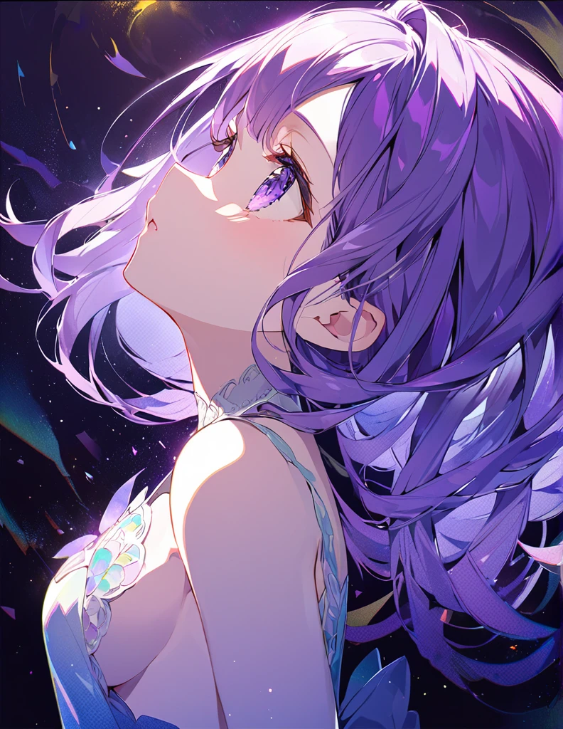 Profile of a beautiful girl with long purple hair and a princess dress. Side boob exposed.　Screentone processing　Looking up at the moon　Shaded painting style　Abstract Painting　lilac　vivid description
