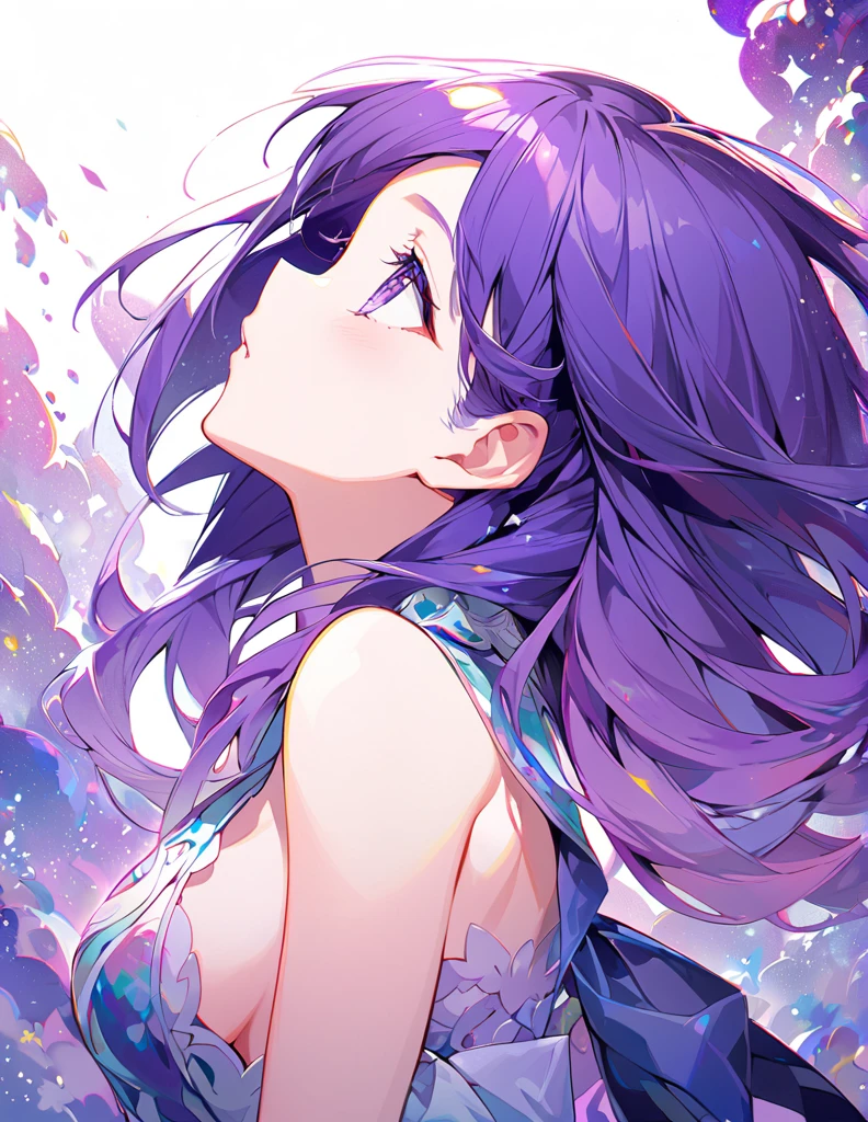 Profile of a beautiful girl with long purple hair and a princess dress. Side boob exposed.　Screentone processing　Looking up at the moon　Shaded painting style　Abstract Painting　lilac　vivid description
