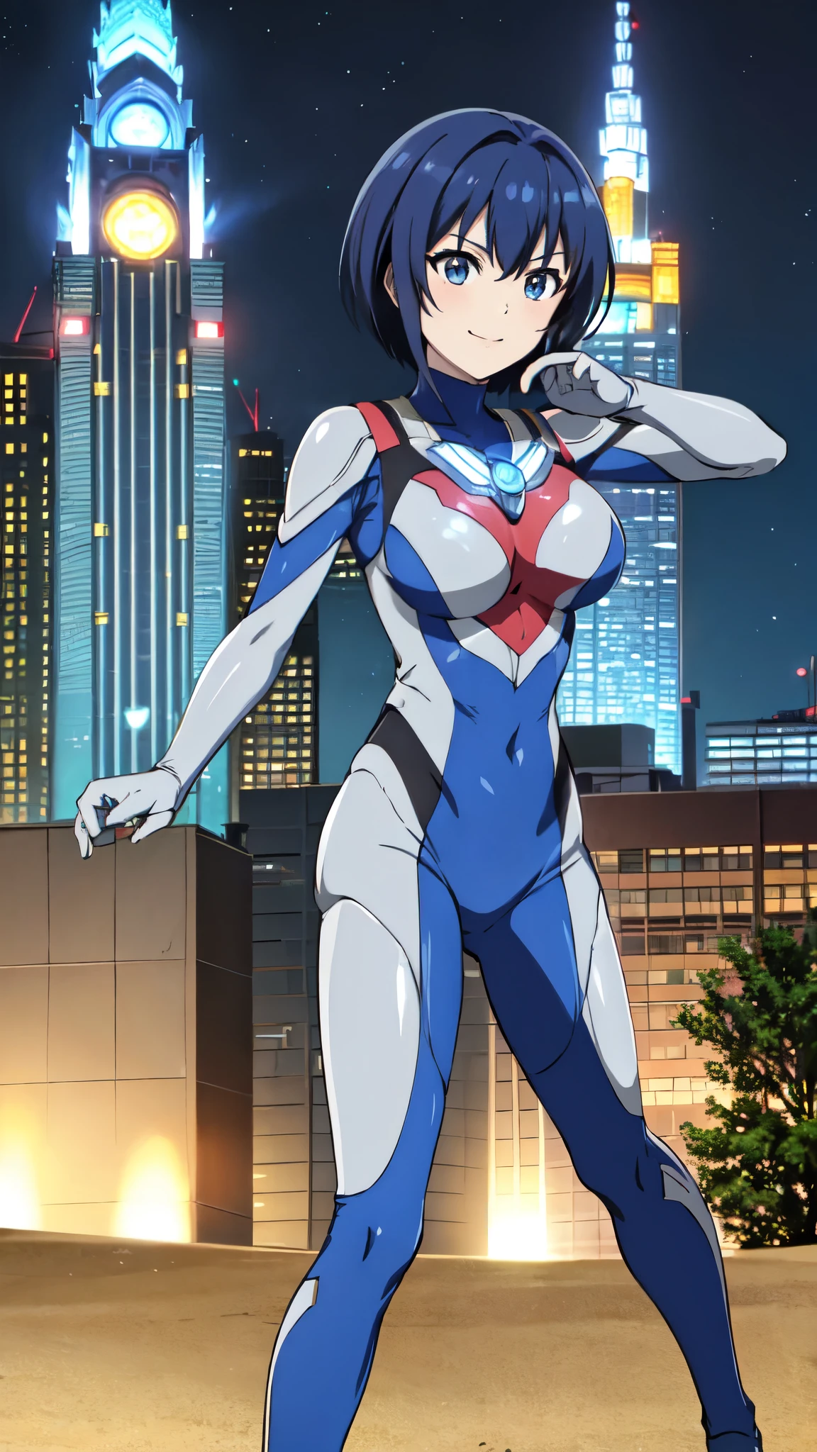 michirutojo, masterpiece, View your audience,
Blue Hair, Cowboy Shot、Combat Stance、Ultraman bodysuit、Large Breasts、Hero Suit,Tight suit,smile、(building:1.2)、Night view