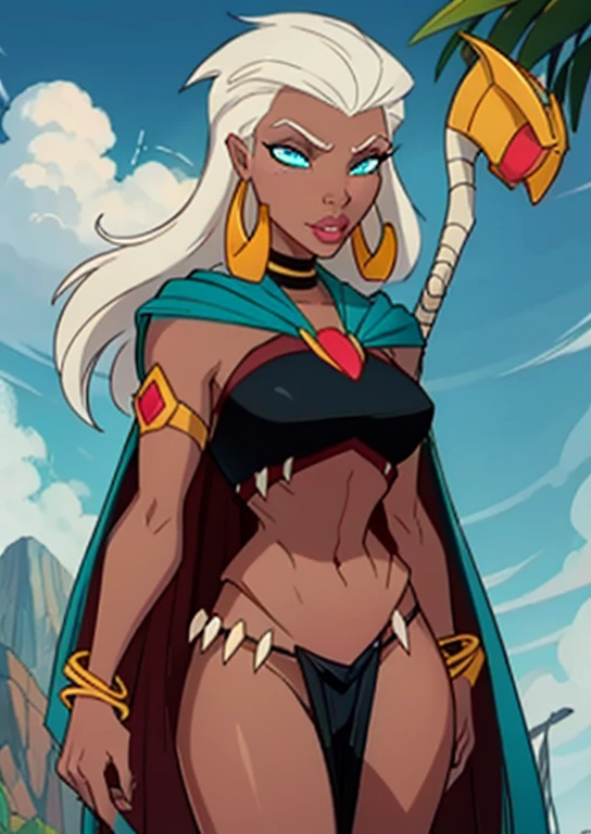 masterpiece, best quality, 1female, queen_la_tarzan, 1girl, dark skin, long white hair, white hair, turquoise eyes, cape, black crop-top, loincloth, holding a golden staff
