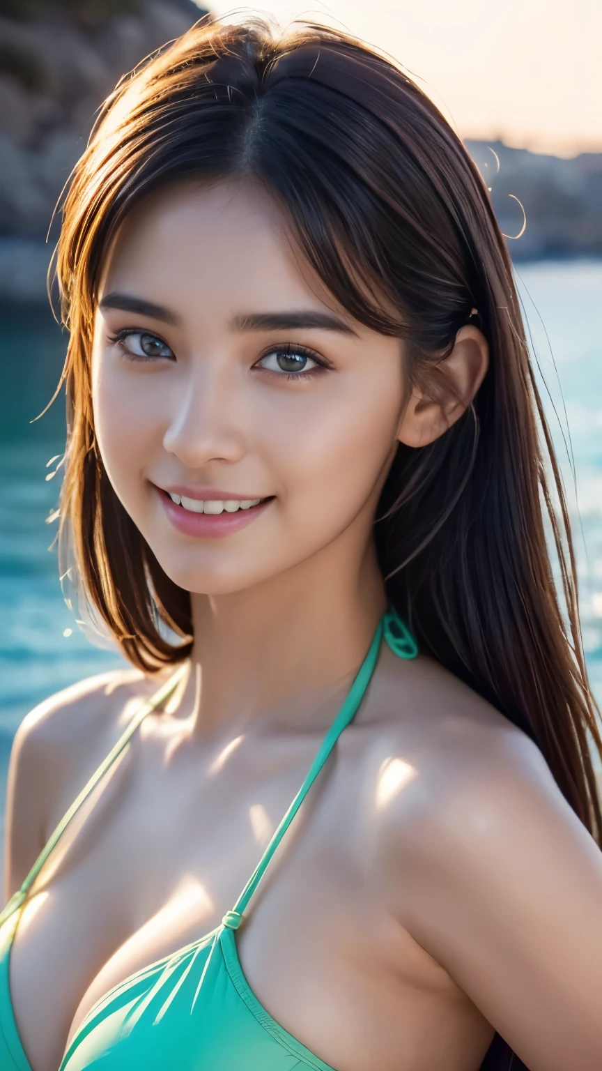 1girl, Goddess ,4k , very cute, amazing face and eyes, (beautiful nice smile), (very detailed beautiful face), bright glowing lips, keep staring at me, super beautiful, big breasts, (cute bikini: 1.3), (highest quality: 1. 4), (hyper quality), (super detailed) (Hyperreal, Photorealsitic: 1.37), real skin texture, highly detailed CG integrated 8K wallpaper, RAW photos, professional photos, cinematic lighting, glow, youth, Maltese landscape, wind, Translated with DeepL.com (free version)