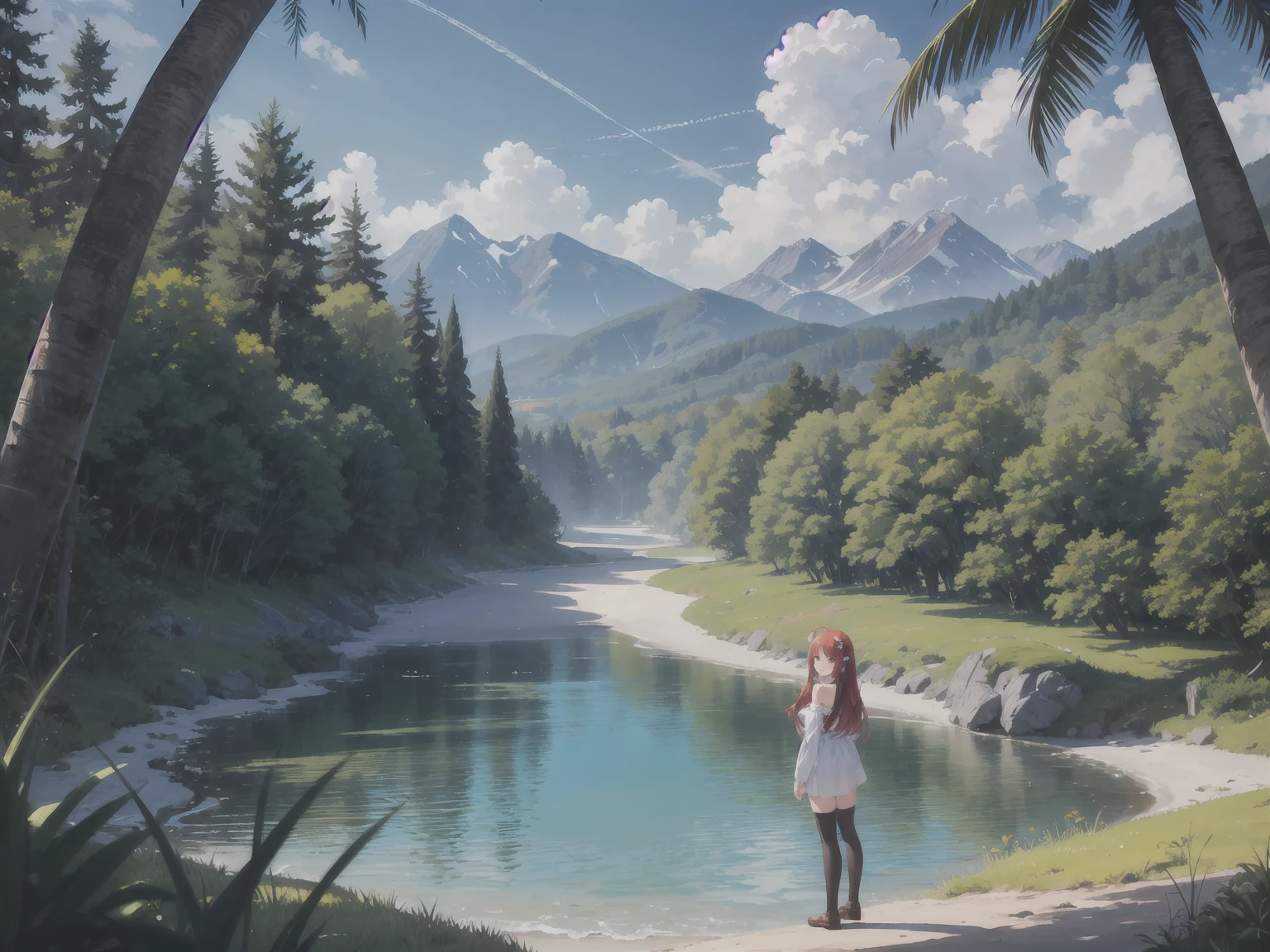 1girl, ahoge, bangs, bare shoulders, beach, black legwear, blue sky, blush, breasts, bush, cliff, cloud, cloudy sky, day, eyebrows visible through hair, flower, forest, grass, hair flower, hair ornament, hill, horizon, island, lake, landscape, long hair, long sleeves, looking at viewer, medium breasts, mountain, mountainous horizon, nature, off shoulder, outdoors, palm tree, path, pond, red eyes, red hair, river, road, scenery, shore, sky, smile, solo, standing, thighhighs, tree, water,