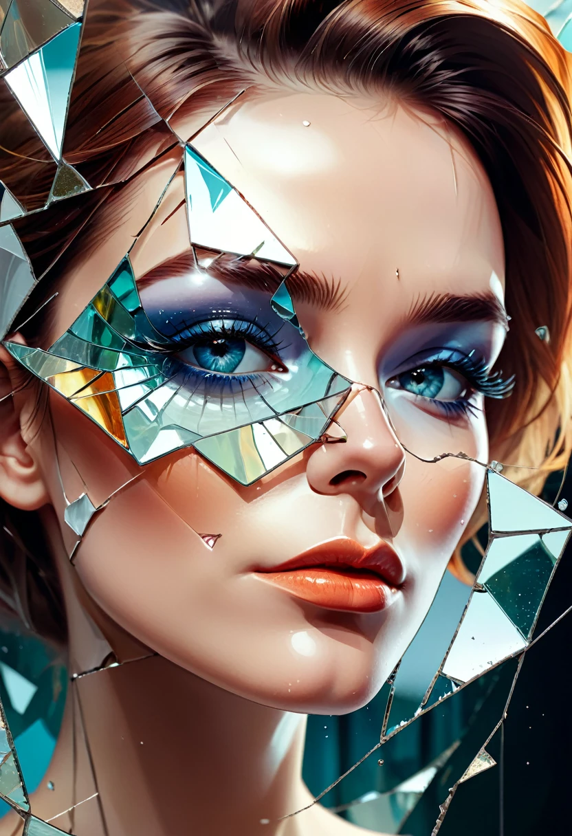a close up of a broken glass with a woman's face, Digital art by Cyril Rolando, Trends in CG society, Digital art, broken mirror, Fractured reality, inside, broken stained glass, cracked mirror, broken glass, inside abstractions, broken mirrors composition, cracked porcelain face, broken mask, seen through broken glass, inside glass, glass face