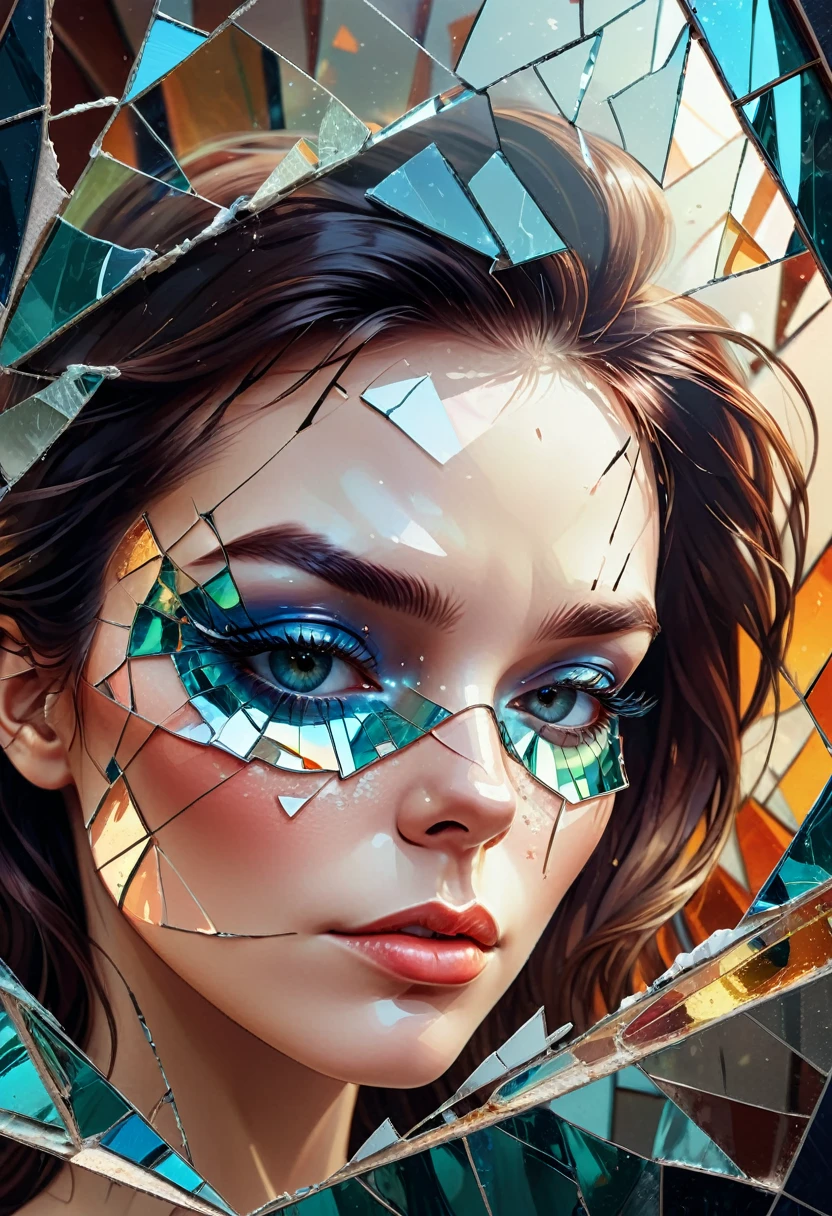 a close up of a broken glass with a woman's face, Digital art by Cyril Rolando, Trends in CG society, Digital art, broken mirror, Fractured reality, inside, broken stained glass, cracked mirror, broken glass, inside abstractions, broken mirrors composition, cracked porcelain face, broken mask, seen through broken glass, inside glass, glass face