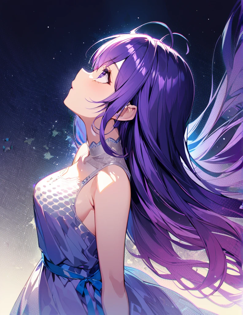Profile of a beautiful girl with long purple hair and a princess dress. Side boob exposed. Screentone processing Looking up at the moon Shaded painting style Abstract Painting lilac vivid description