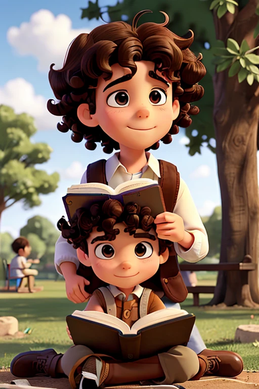boy with curly hair reading the bible in the park
