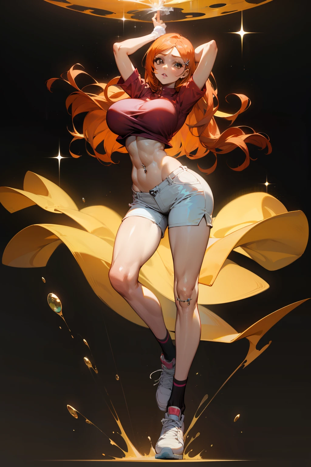 (navel piercing), navel exposed, Generate an illustration of a mature Orihime, pink shirt,  orange hair, holding her own breasts ,  ((aletta ocean face)), de terno preto, (natural lipstick:1.1), long hair, hair flows straight down, hair pins on both sides, (gigantic breasts:1.3), (crop top), shorts, long socks, sneakers,  outfit in anime format with a serious style, breasts covered, masterpiece, ((white lighting)), black background, puffy lips,((slendered abs)), beautiful face,