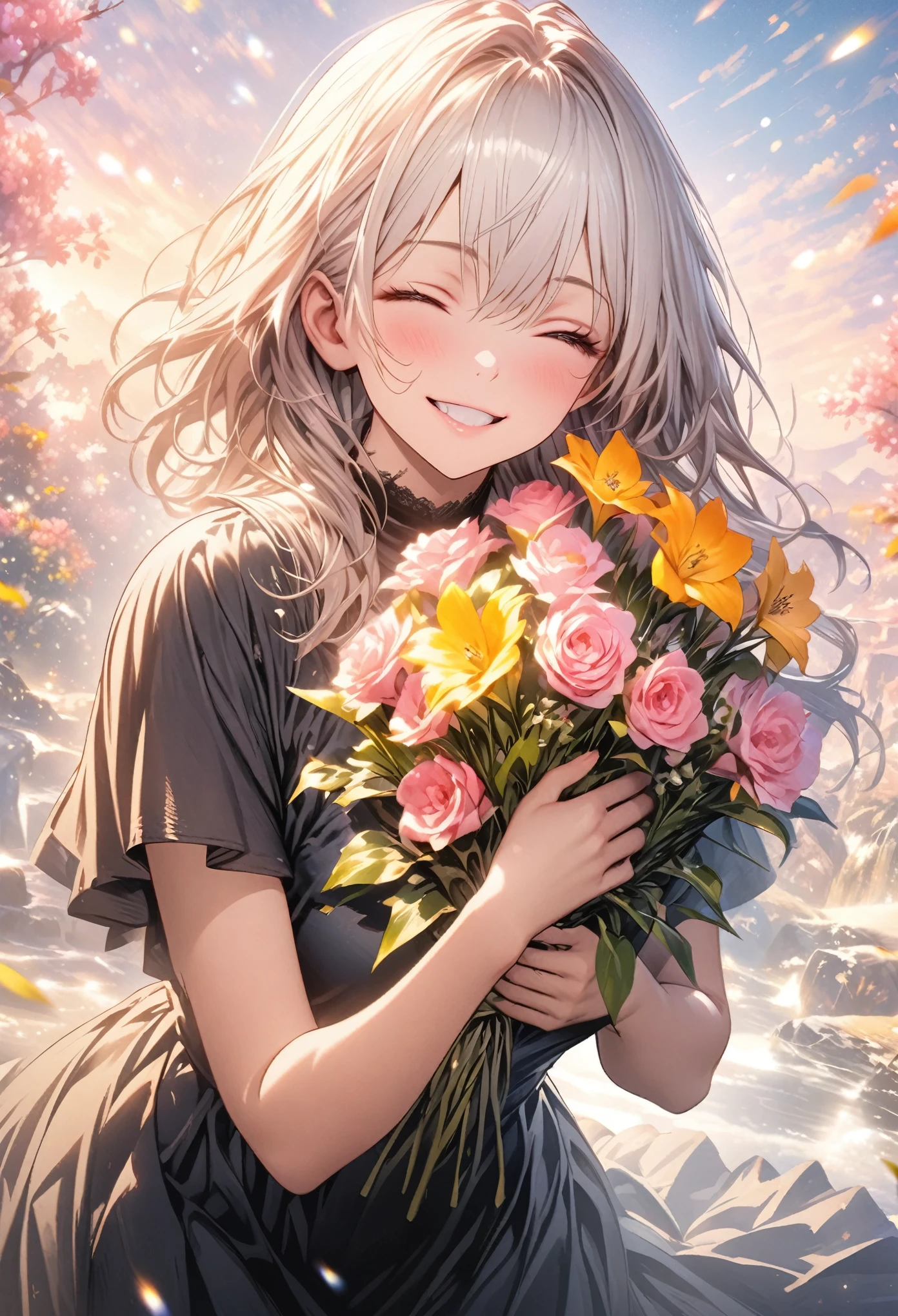 masterpiece, Highest quality, Highly detailed CG Unity 8k wallpaper, Realistic skin texture, Realistic texture, Anatomical Hand, High School Girl Anime Illustration. Wearing a tight fitting black dress, holding a bunch of colorful flowers、she has her eyes closed and mouth open, smile. The background is a light pastel colored landscape., White hair color, Yellow Eyes, The background is also full of flowers., Bokeh, shallow depth of field, Cowboy Shot
