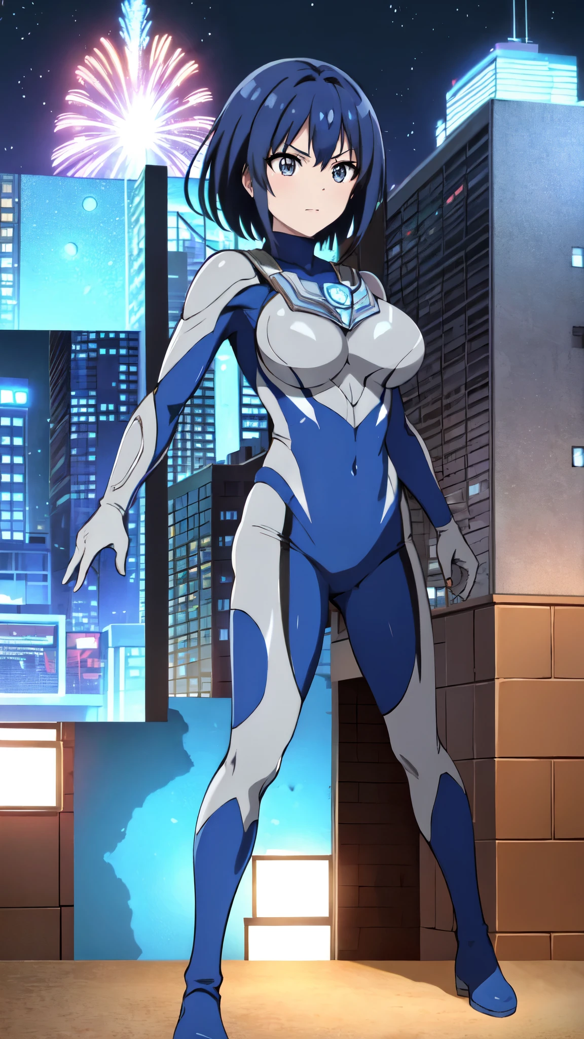 michirutojo, masterpiece, View your viewers,
Blue Hair, Cowboy Shot、Combat Stance、Ultraman bodysuit、Large Breasts、Hero Suit,Tight suit、(building:1.2)、Night view