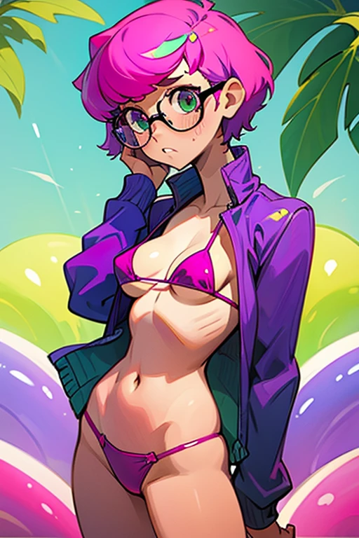 Really embarrassed girl, with short pink hair and glasses, in purple and green micro bikini ,trying to cover herself